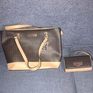GUESS Black and Cream Tote Bag with Wallet